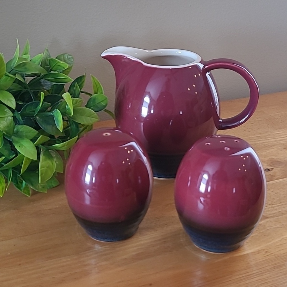 HORNSEA POTTERY 'Duet Carmine' Vintage Creamer Jug & Salt and Pepper Shakers Set